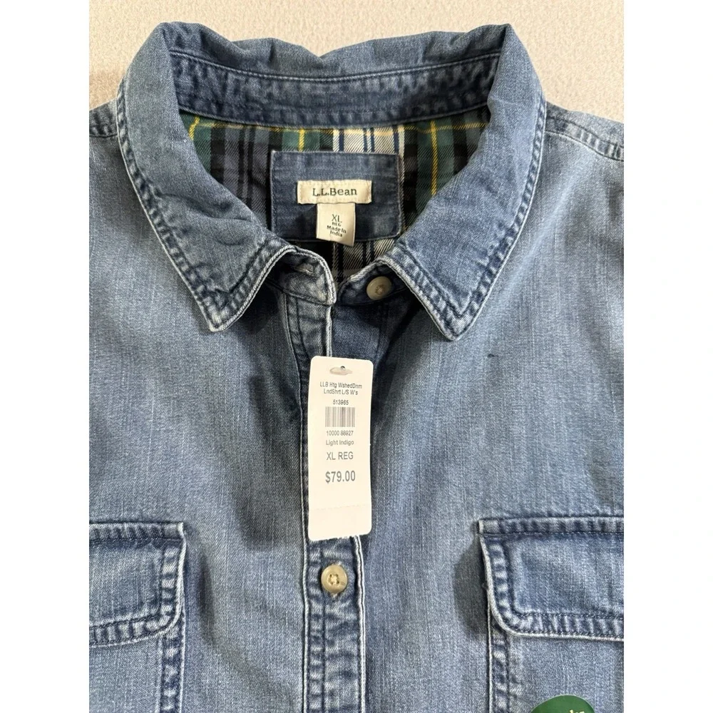 LL Bean Womens XL Heritage Washed Button Up Denim Shirt Plaid Lined Shacket NWT - Picture 2 of 6